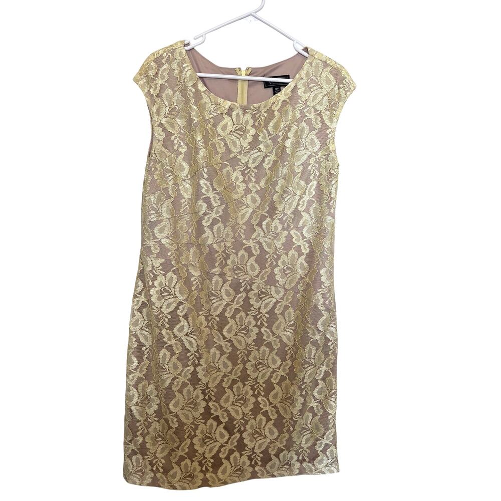 Dressbarn Golden Yellow Lace Cap Sleeve Zip Up Modest Midi Sheath Dress Size 14W